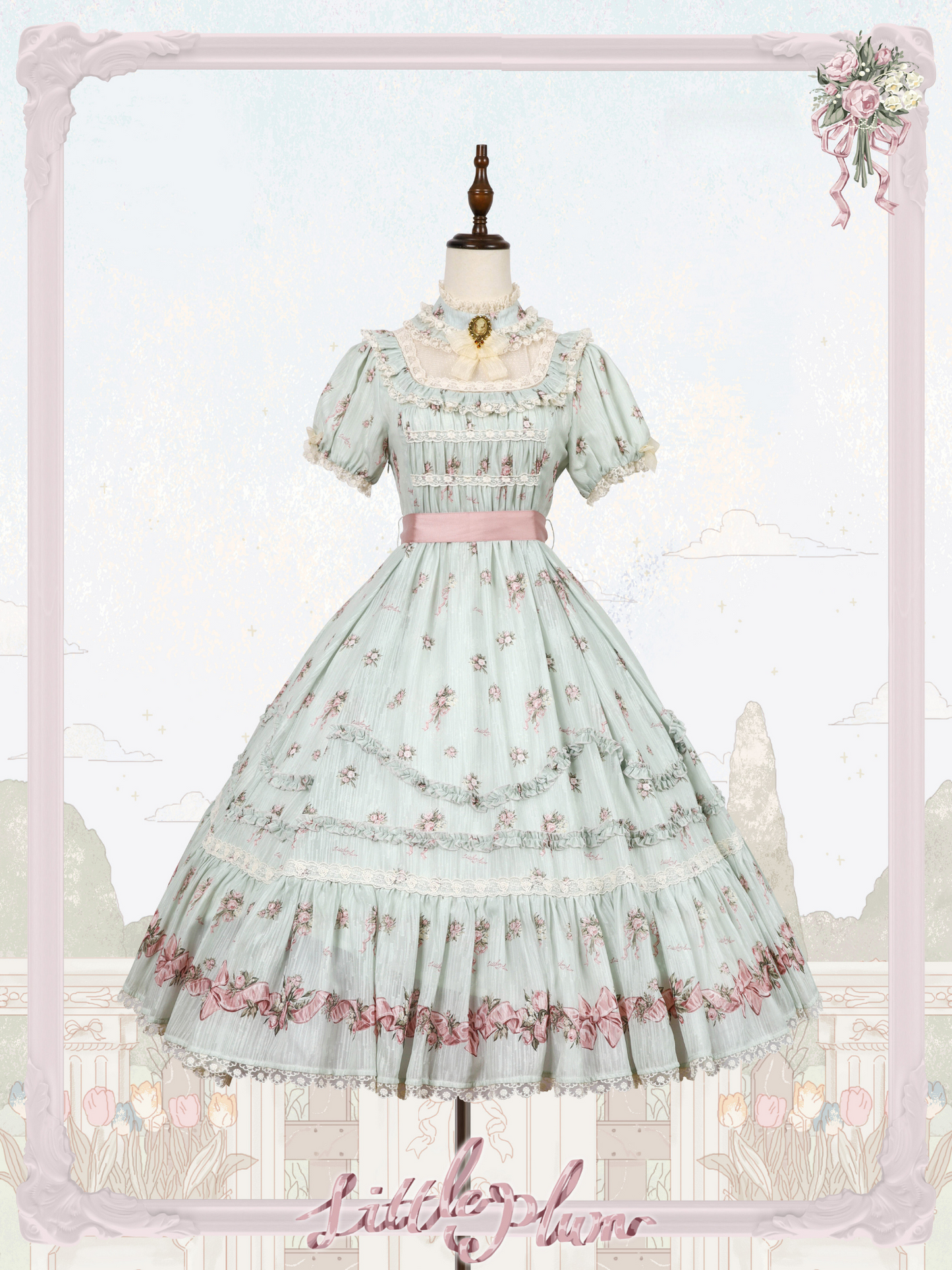 Roses Bouquet Stand Collar Frill Dress