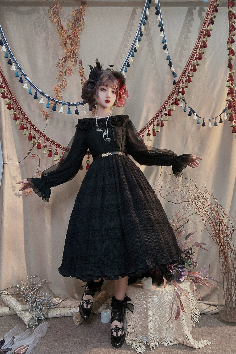 [Pre-orders available until 2/19] Cat Rose Tea Party Ruffled Long Sleeve Blouse