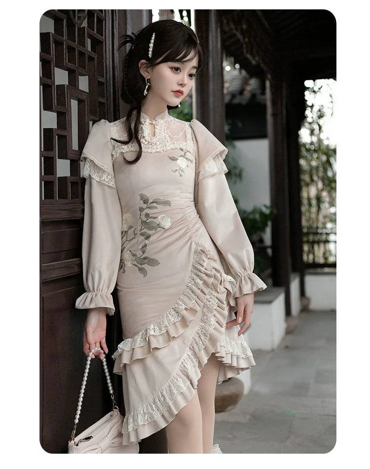 White camellia Chinese dress style one-piece