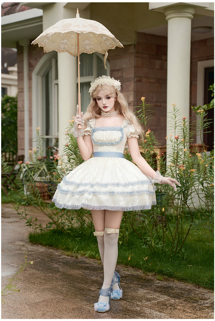 【予約販売】Sea Salt Iced Tea ライトブルージャガードワンピースセット・ショート丈