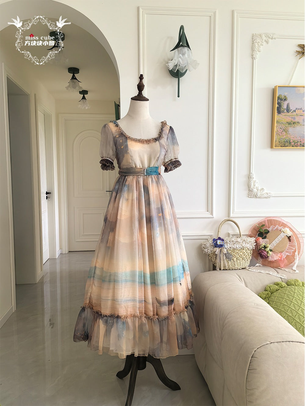 Elegance Greek oil painting style print empire dress with ruffles