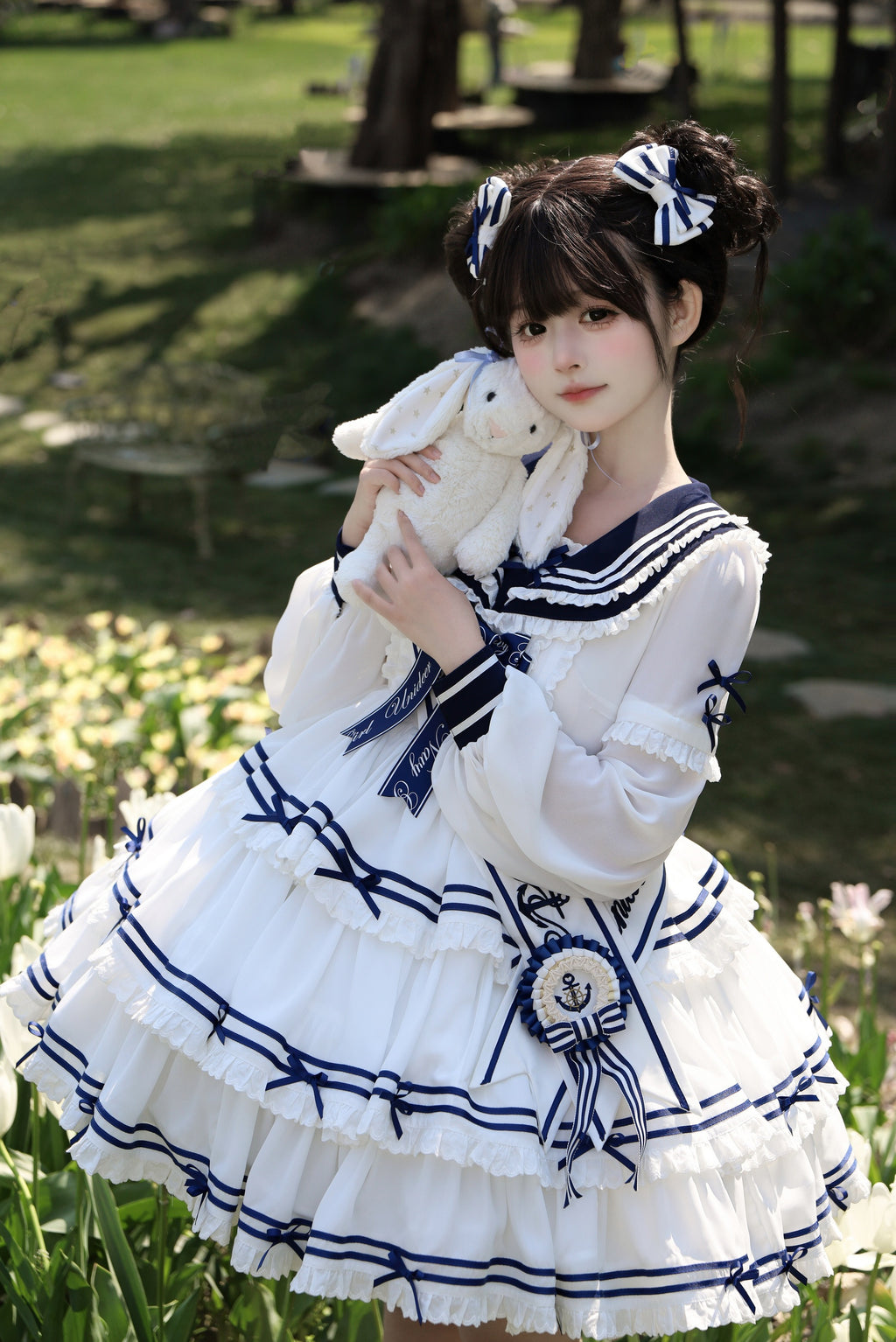 【受注予約4/28まで】セーラー襟と3段フリルの2wayマリンワンピース・ホワイト・ショート丈
