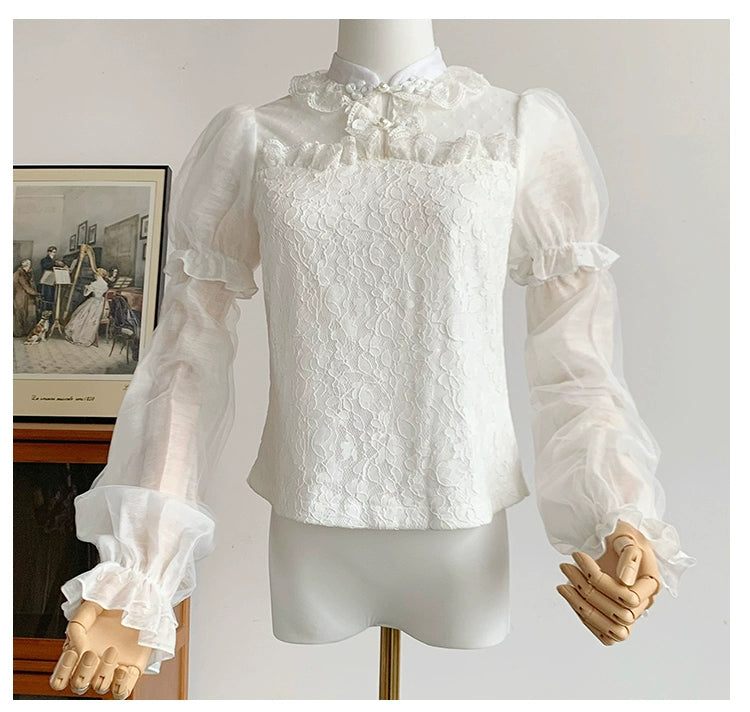 Lace floral blouse with detachable sleeves