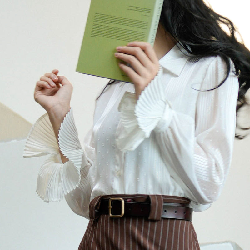 French retro pleated cuff white blouse