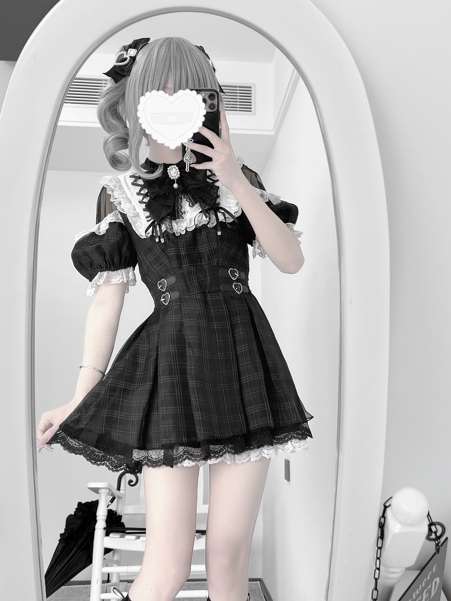 【予約販売】 Angel Heartbeat Black フリルチェックミニ丈ワンピース