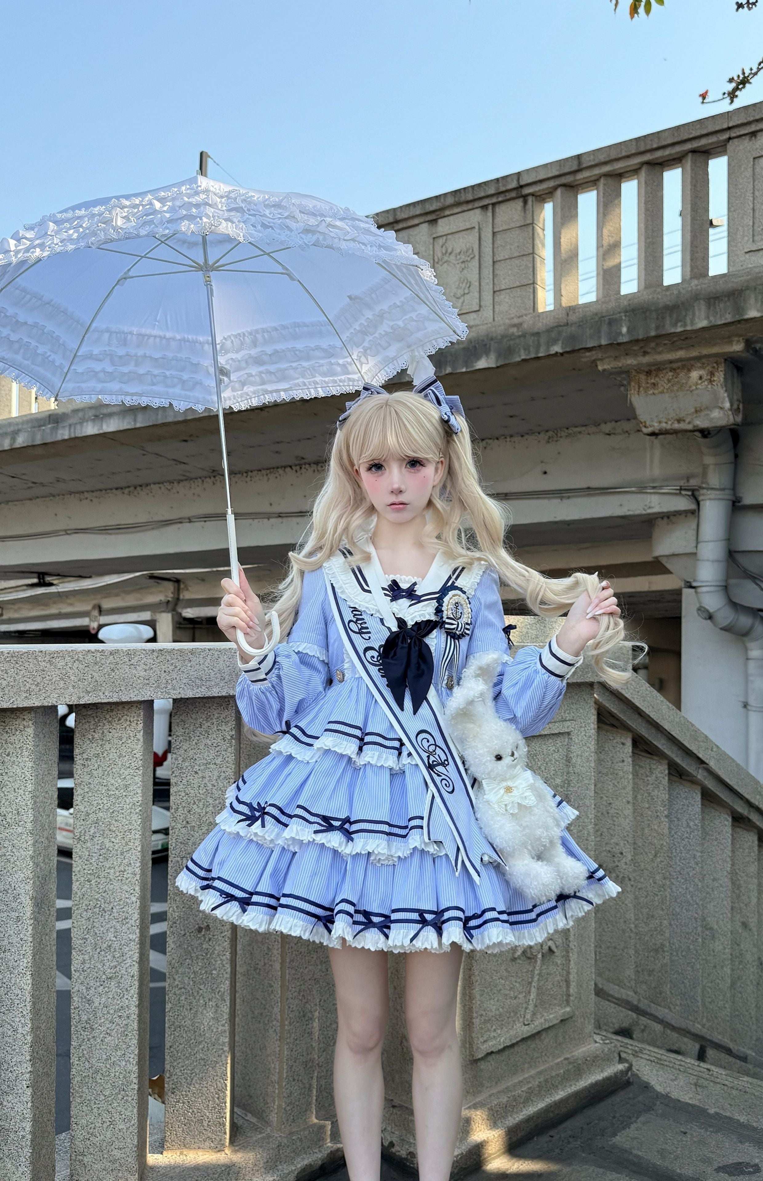 【受注予約4/28まで】セーラー襟と3段フリルの2wayマリンワンピース・ストライプ・ショート丈