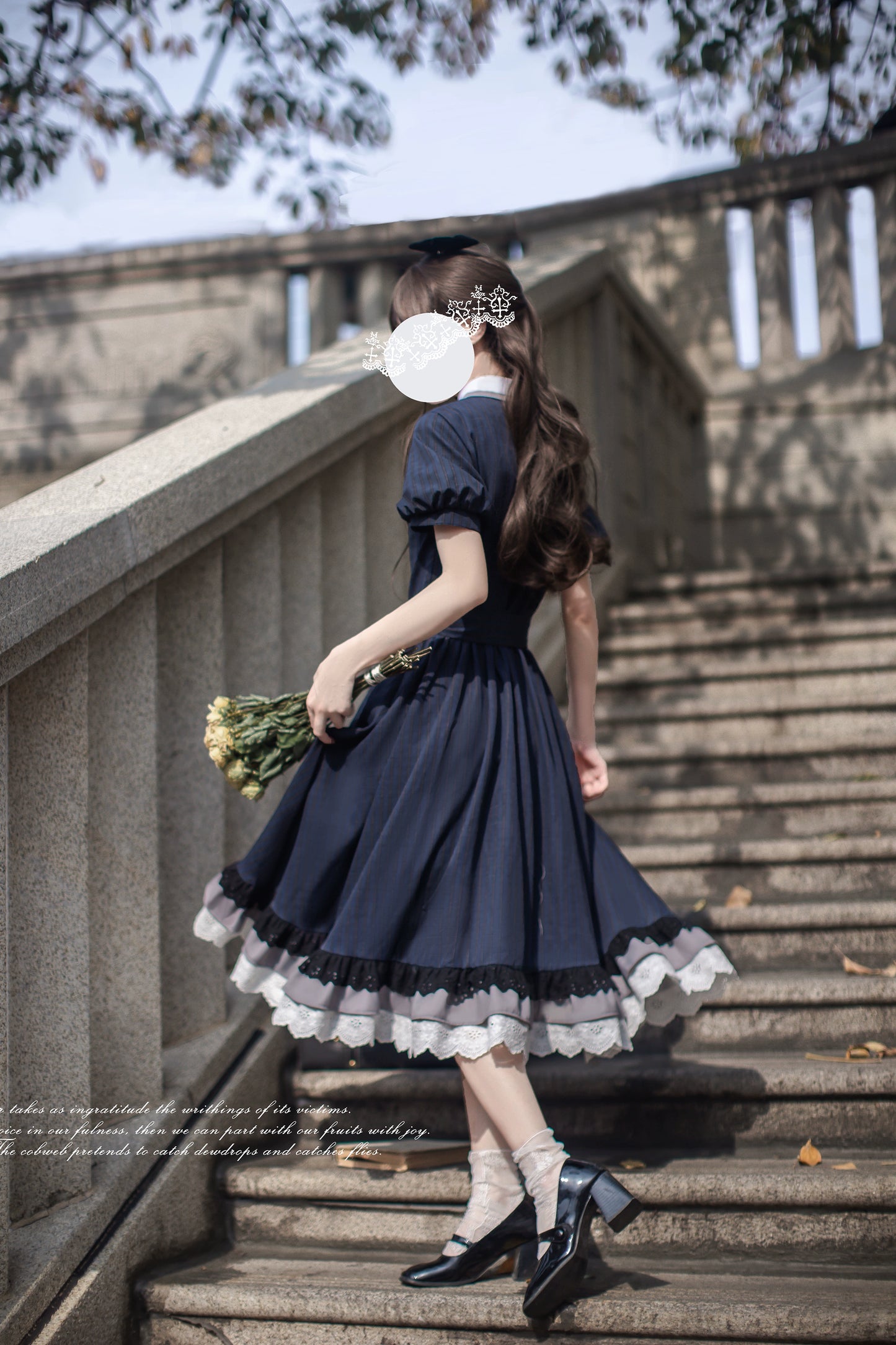 【予約販売】Phyllis ネイビーチェックのエレガントレトロ半袖ワンピース