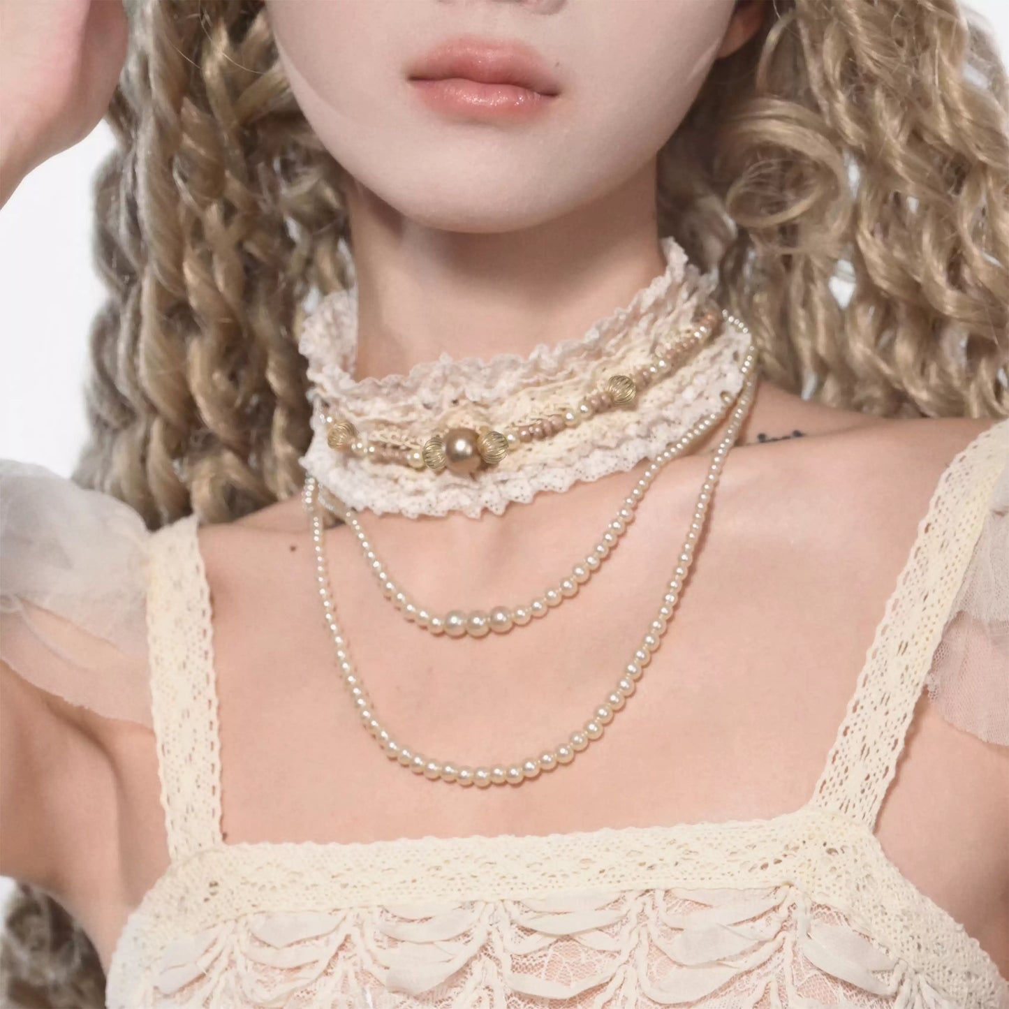 【Vintage Noir】レース×パールビーズ レイヤードチョーカー  フレンチヴィンテージ