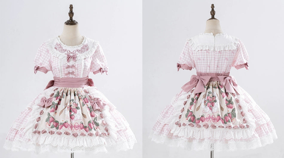 【受注予約8/18まで】Strawberry Sunshine Picnic カントリー風ワンピースとエプロン・ショート丈