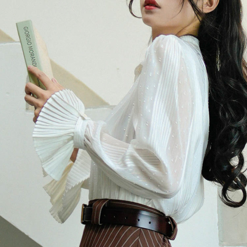 French retro pleated cuff white blouse