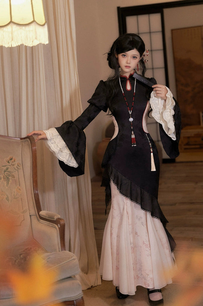 Ling Xiaohua Mermaid Line Floral Long Dress Single Item/5 Piece Set