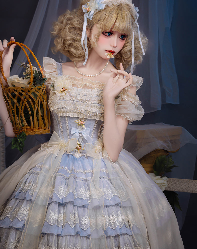 バラの涙 刺繍レースのミニ丈ジャンパースカート・サックス