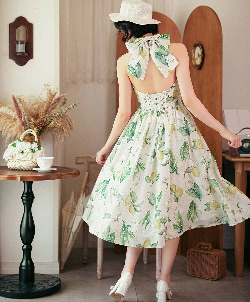 Afternoon Forest Retro Elegant Halter Neck Jumper Skirt with Hair Accessory