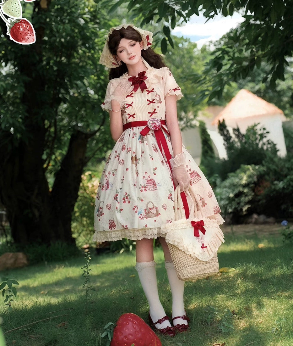 【受注予約8/14まで】 Strawberry Whisper プリント半袖ワンピース