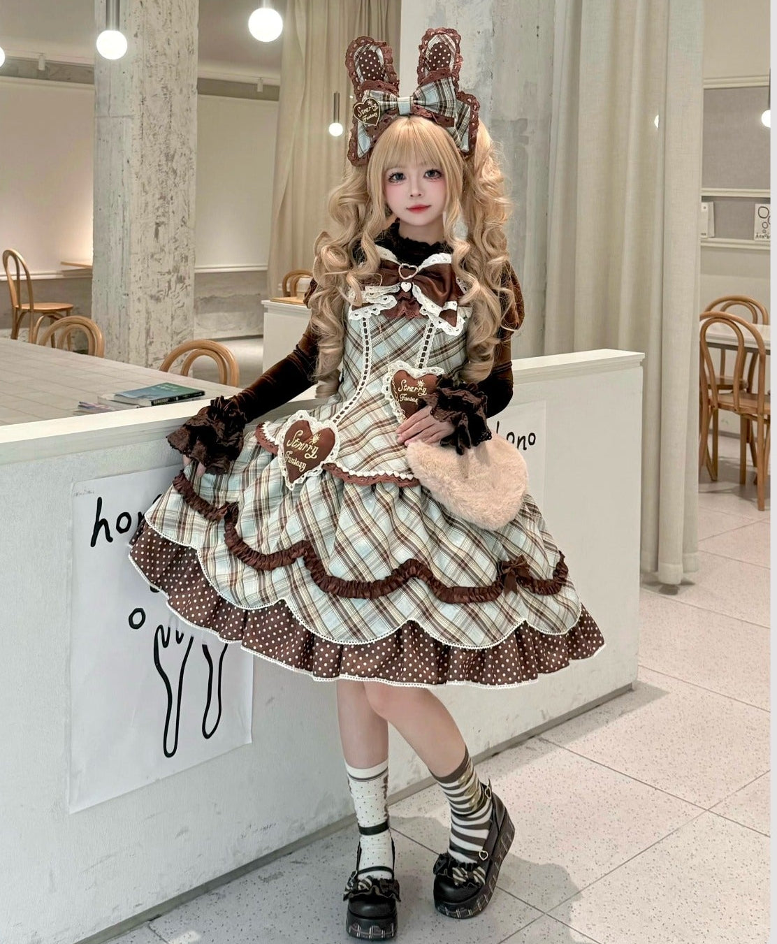 【受注予約11/13まで】Velvet Sweetie Heart チェックのジャンパースカート・ブラウン