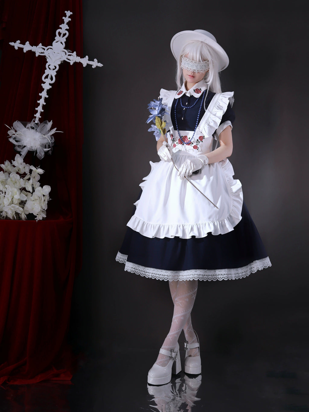 Maid-style dress with red rose embroidery and apron