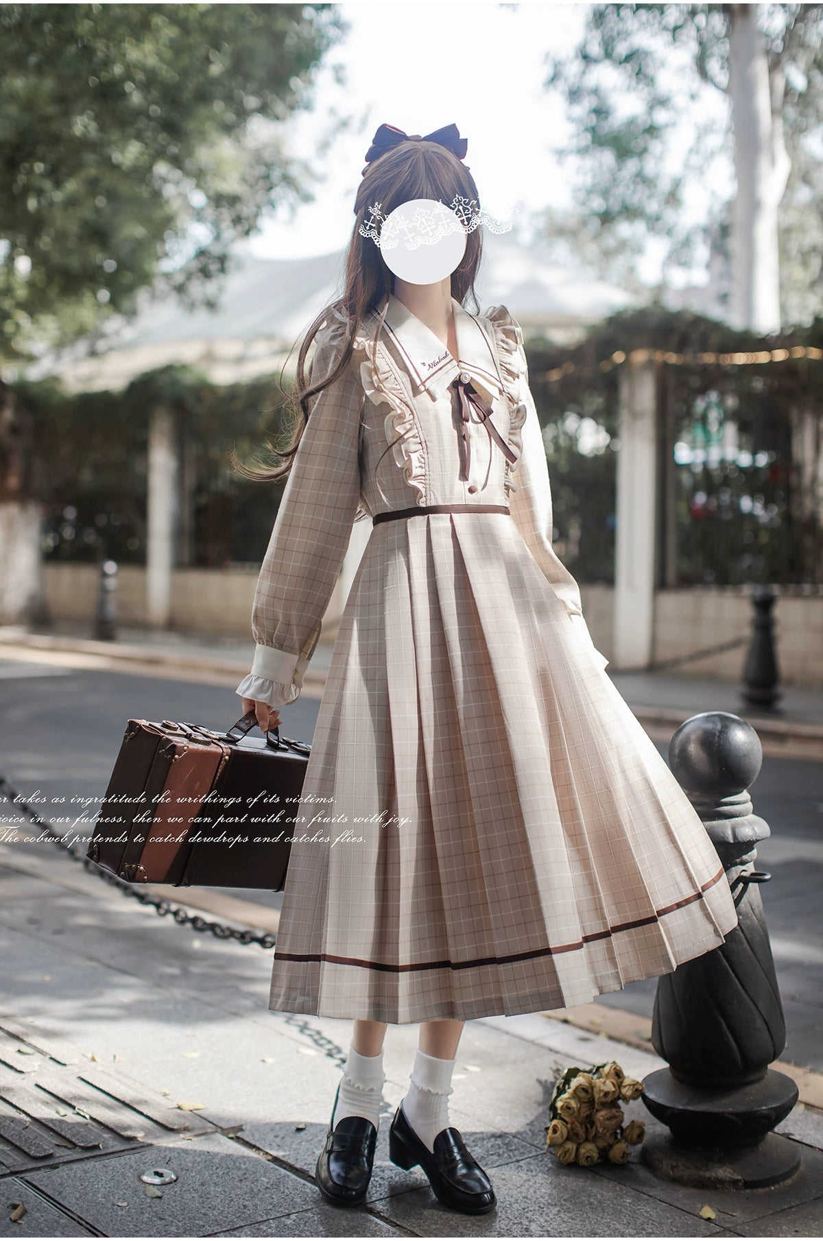 [Pre-order] Betty French Retro Beige Check Long Sleeve Dress