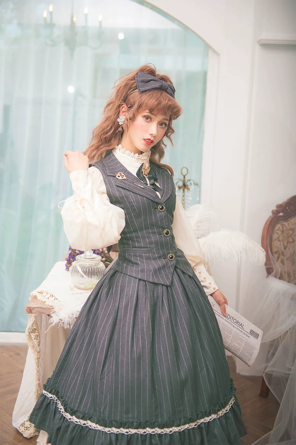 [Pre-order] British Classical Lolita Vertical Striped High Waist Skirt