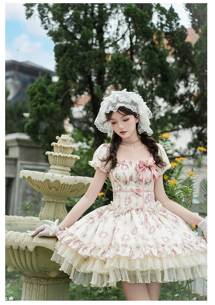 雨上がりの薔薇 プリントワンピース・ショート丈