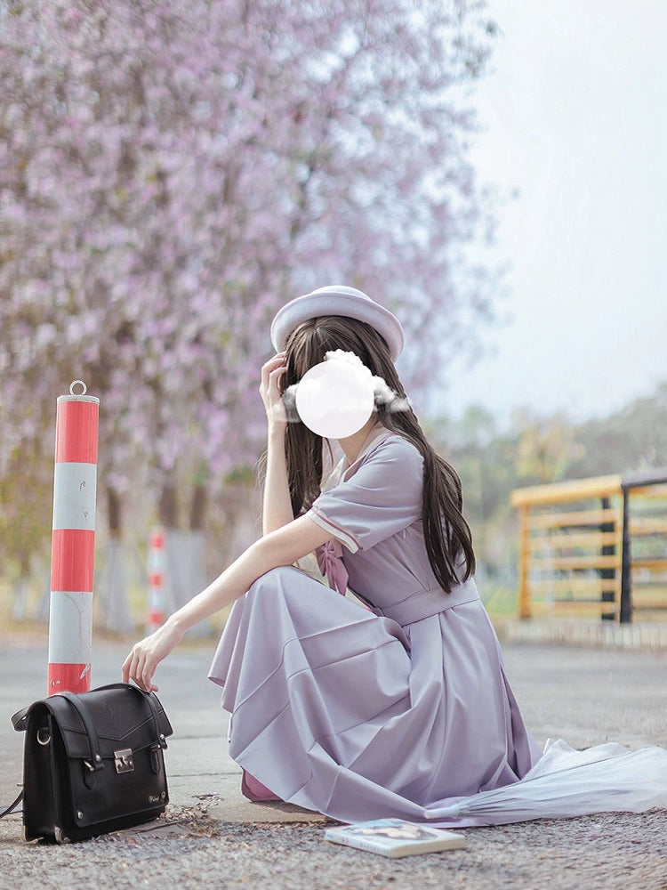 Misty Vine Wisteria Sailor Collar Short Sleeve Dress