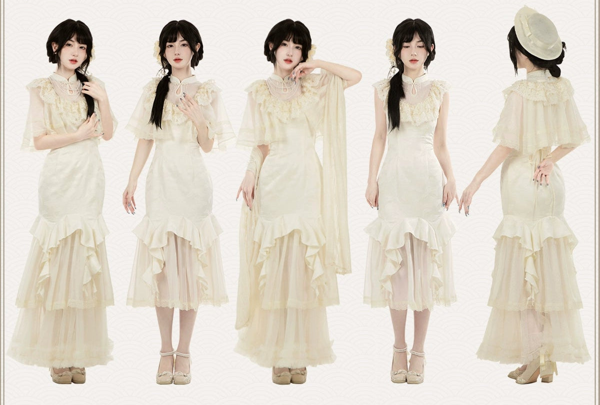 白百合色のフィッシュテール華ロリドレス