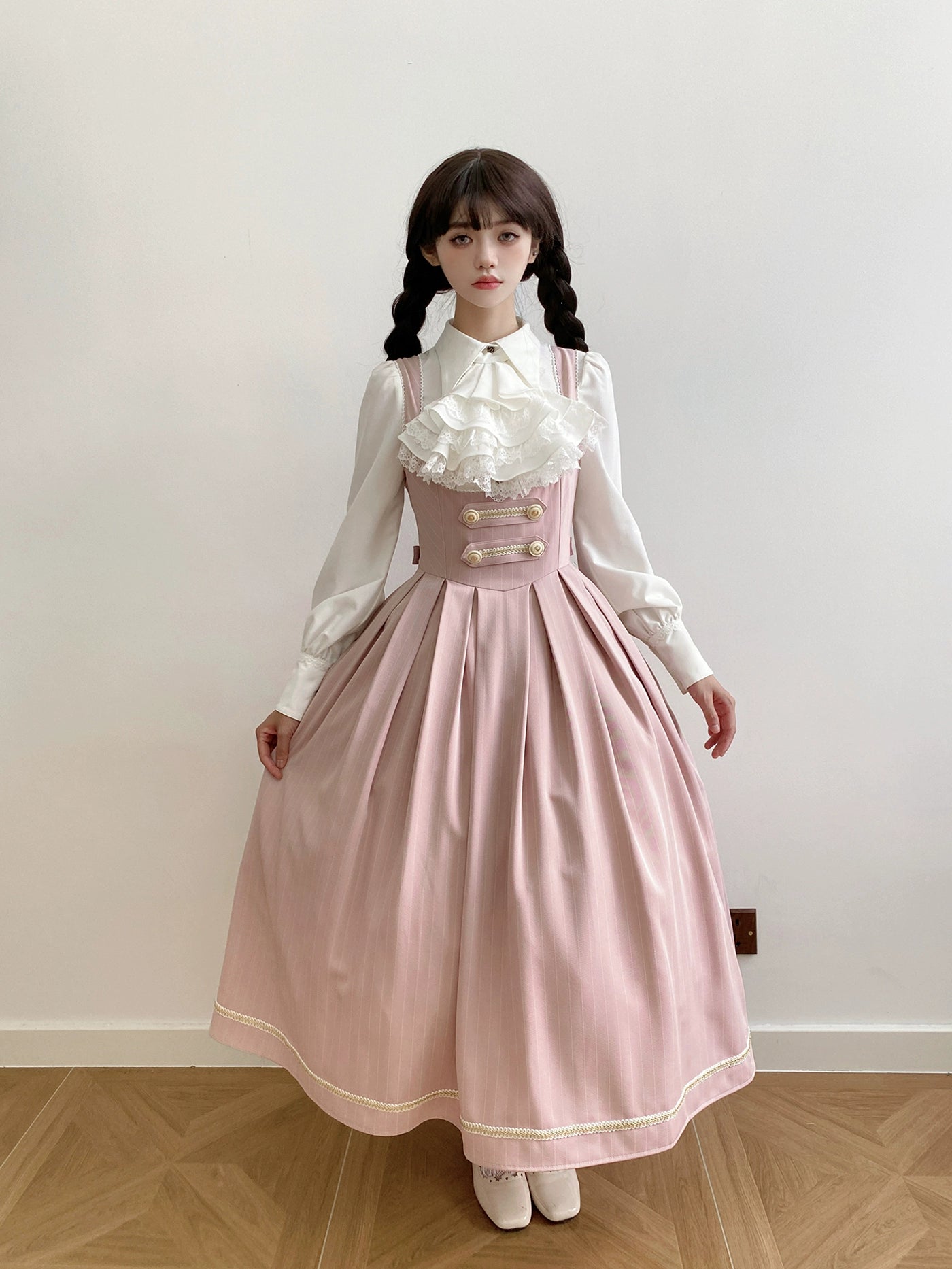 【予約販売】Bright Moon コルセットジャンパースカート ストライプ【ピンク】