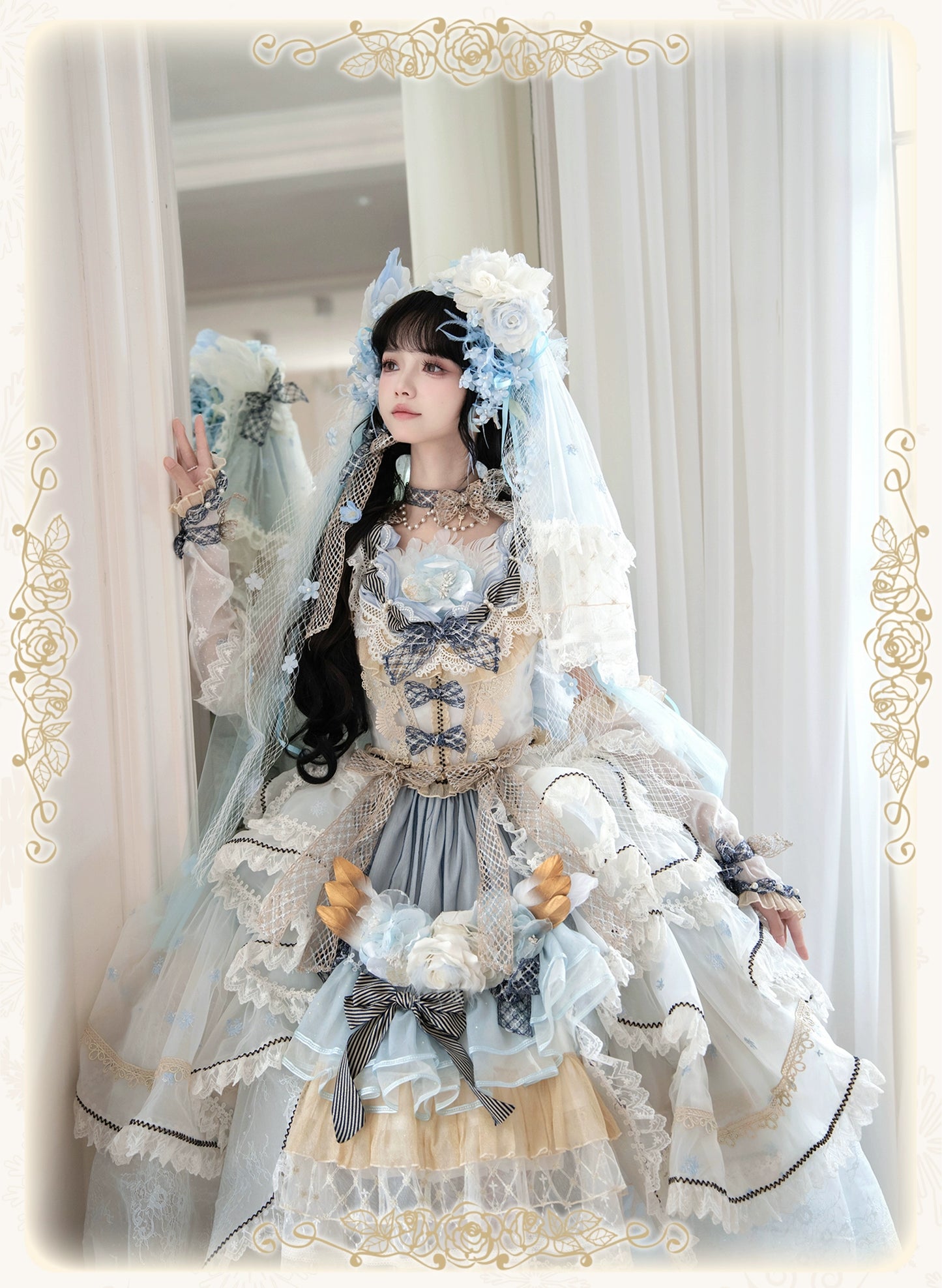 【受注予約8/13まで】Snow Rose Princess トレーン付きドレス・パステルブルー