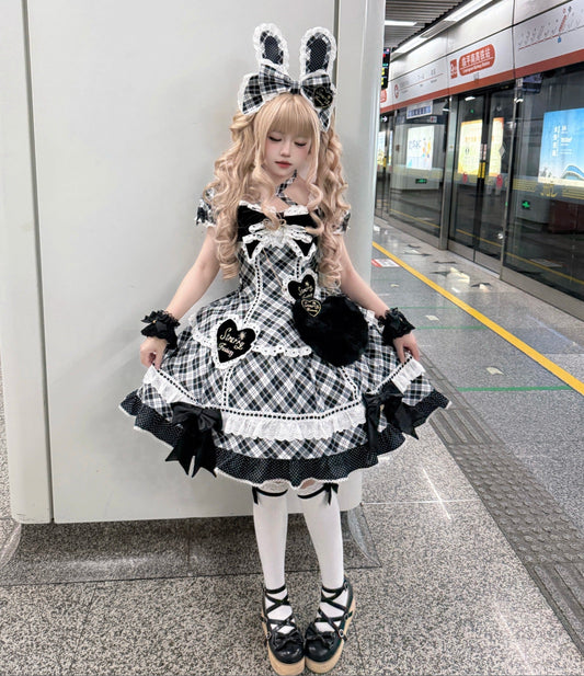 【受注予約11/13まで】Velvet Sweetie Heart チェックの半袖ワンピース・ブラック