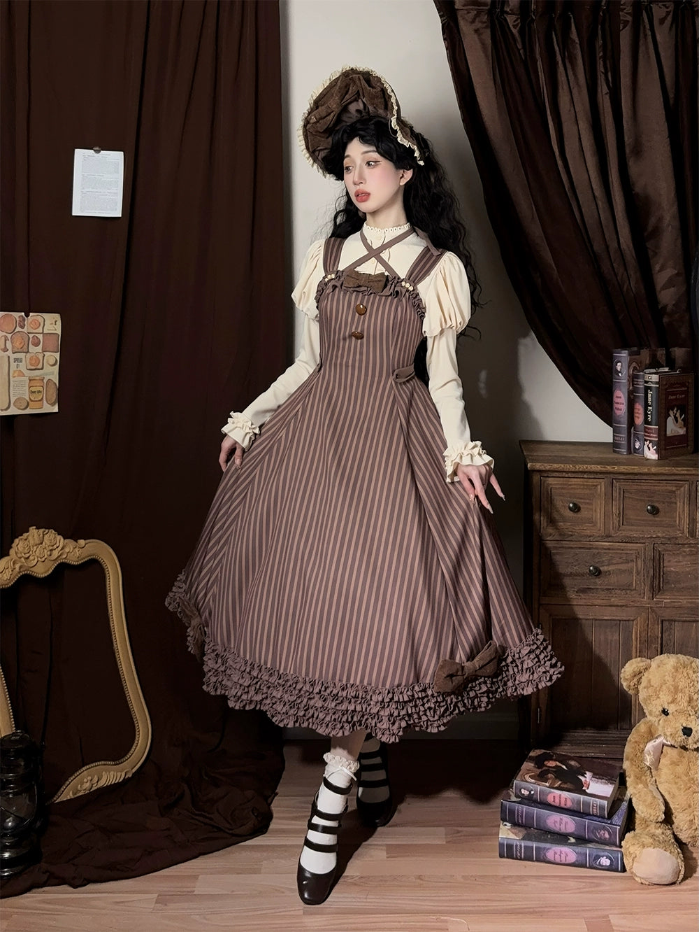 【予約販売】Classic Chocolat Stripe ストライプジャンパースカート・ロング丈
