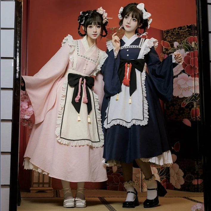 和風メイド ピンクとネイビーの和ロリドレス