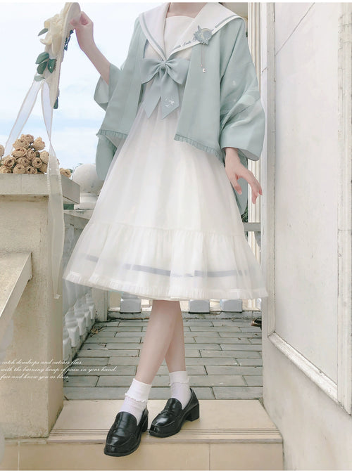 Blue Sea and Bright Moon セーラーカラーワンピース・羽織・エプロン3点セット