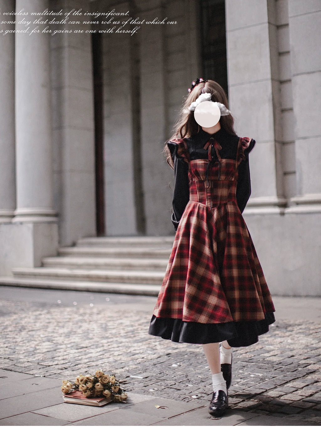 Red checked bicolor jumper skirt and black blouse