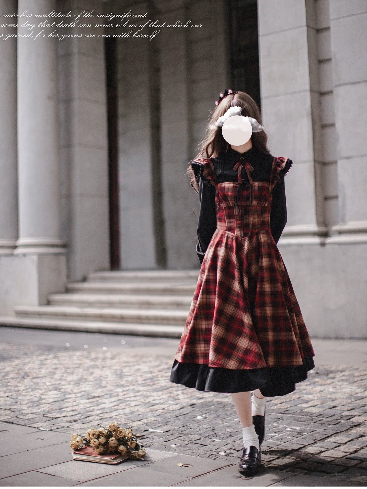 Red checked bicolor jumper skirt and black blouse