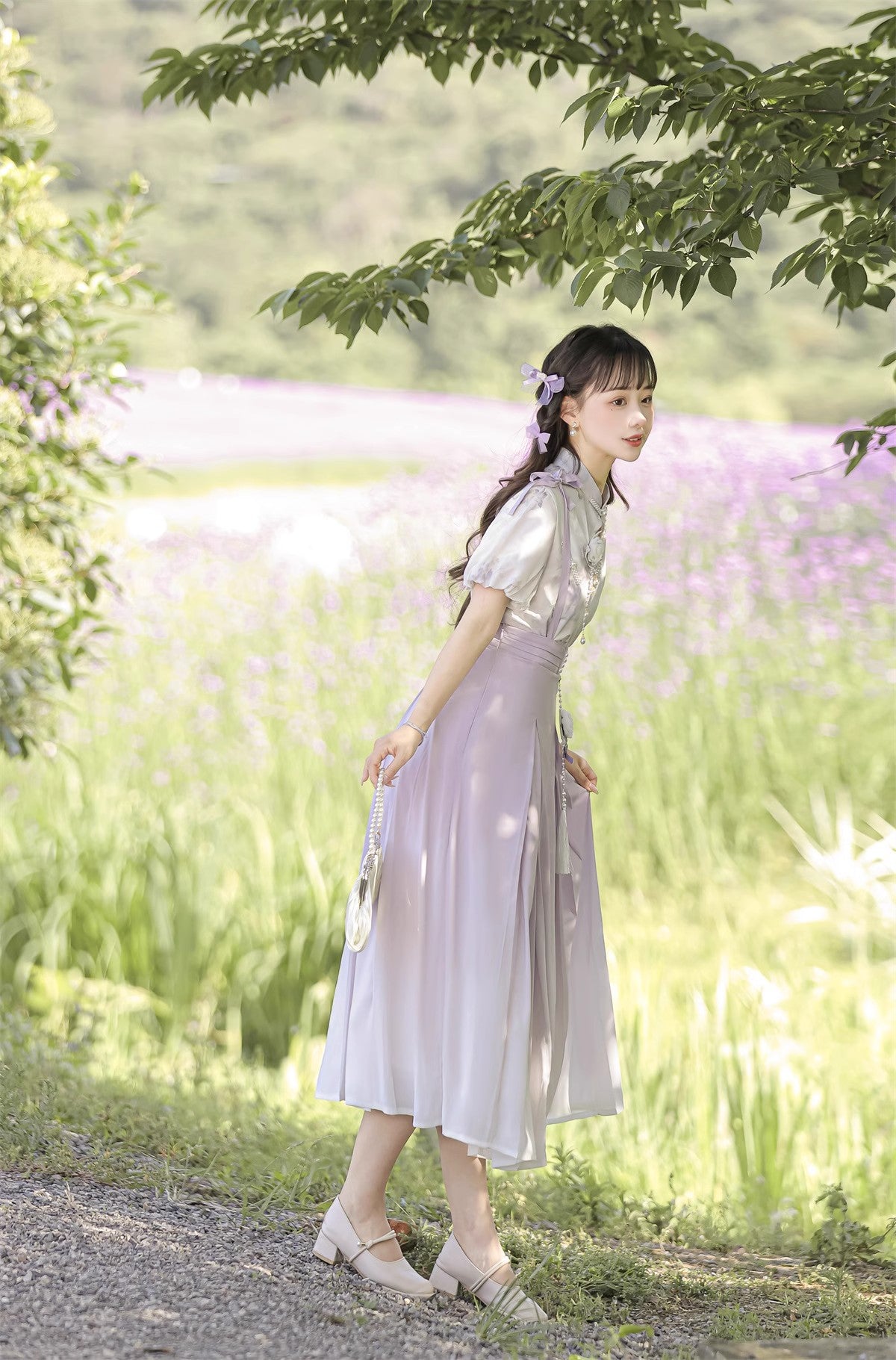 Pearl and Iris Flower Lolita Suspender Skirt and Sheer Blouse