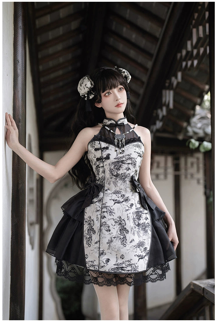 Moonlight Enshin Halter Neck Short Dress with Attached Sleeves