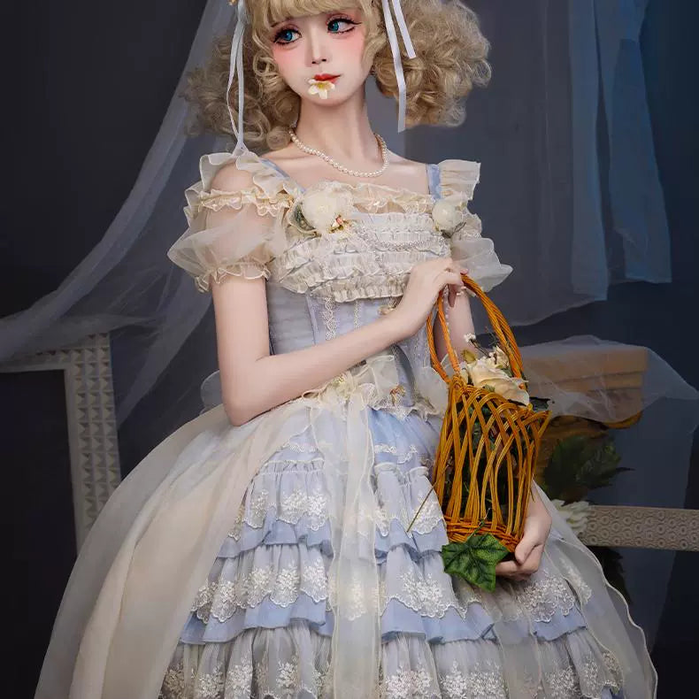 バラの涙 刺繍レースのミニ丈ジャンパースカート・サックス