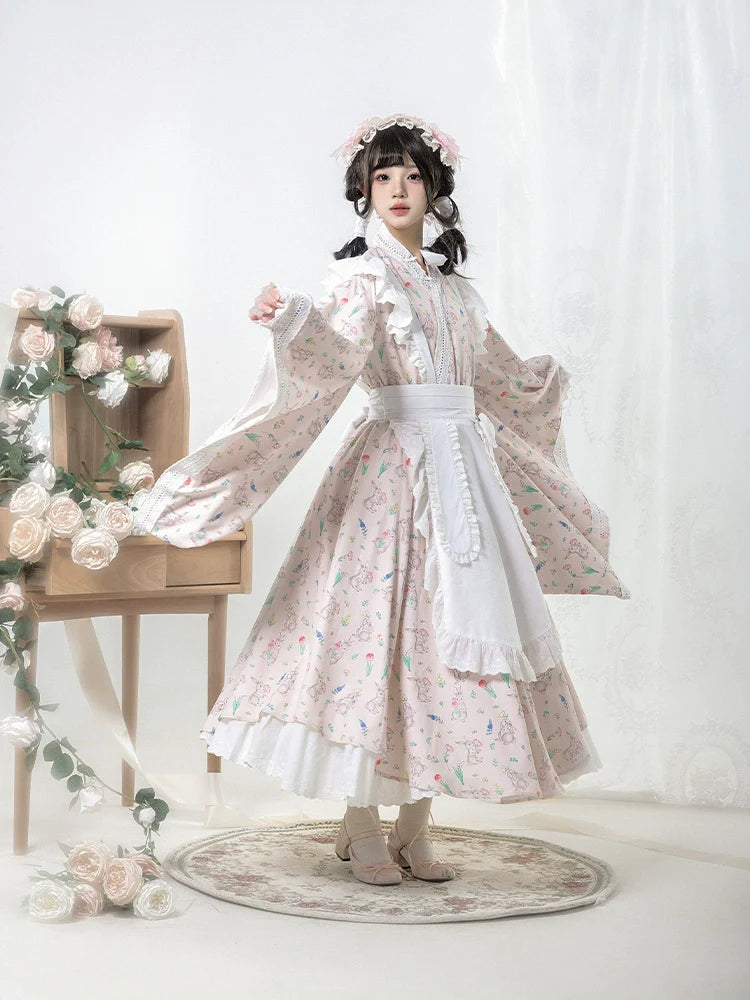 Hana Kikou Japanese Lolita Maid Style Apron Dress Long Length