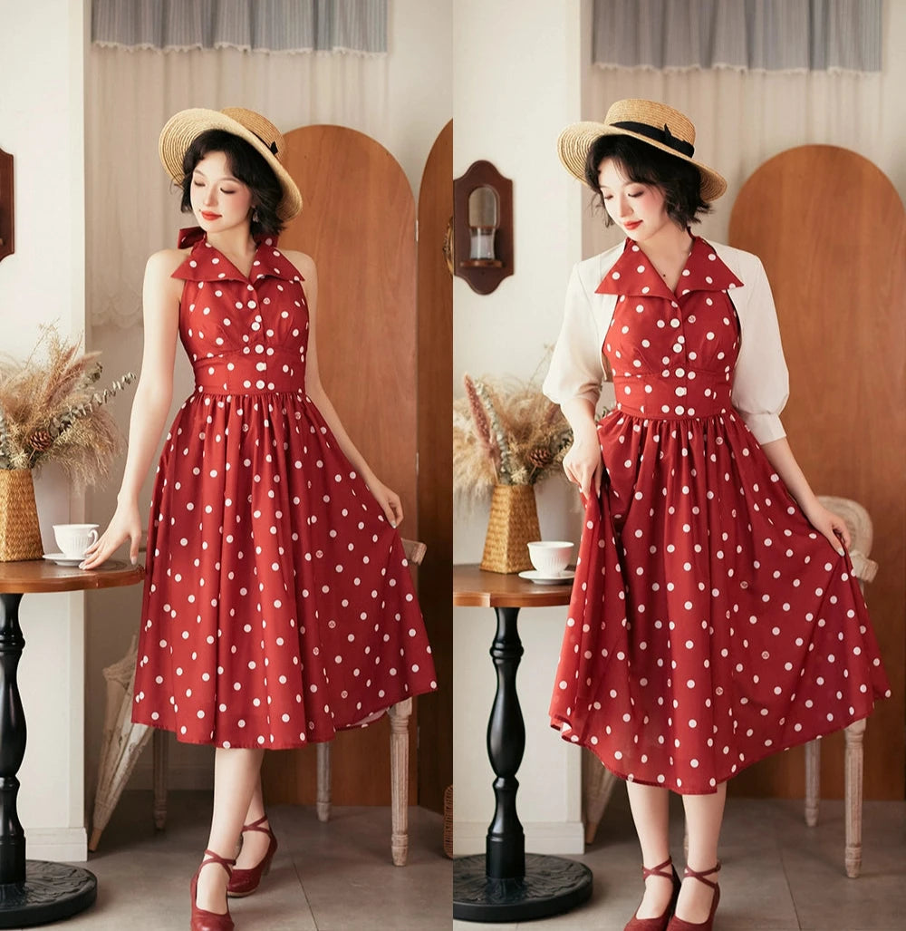 Afternoon Forest Retro Elegant Halter Neck Jumper Skirt with Hair Accessory
