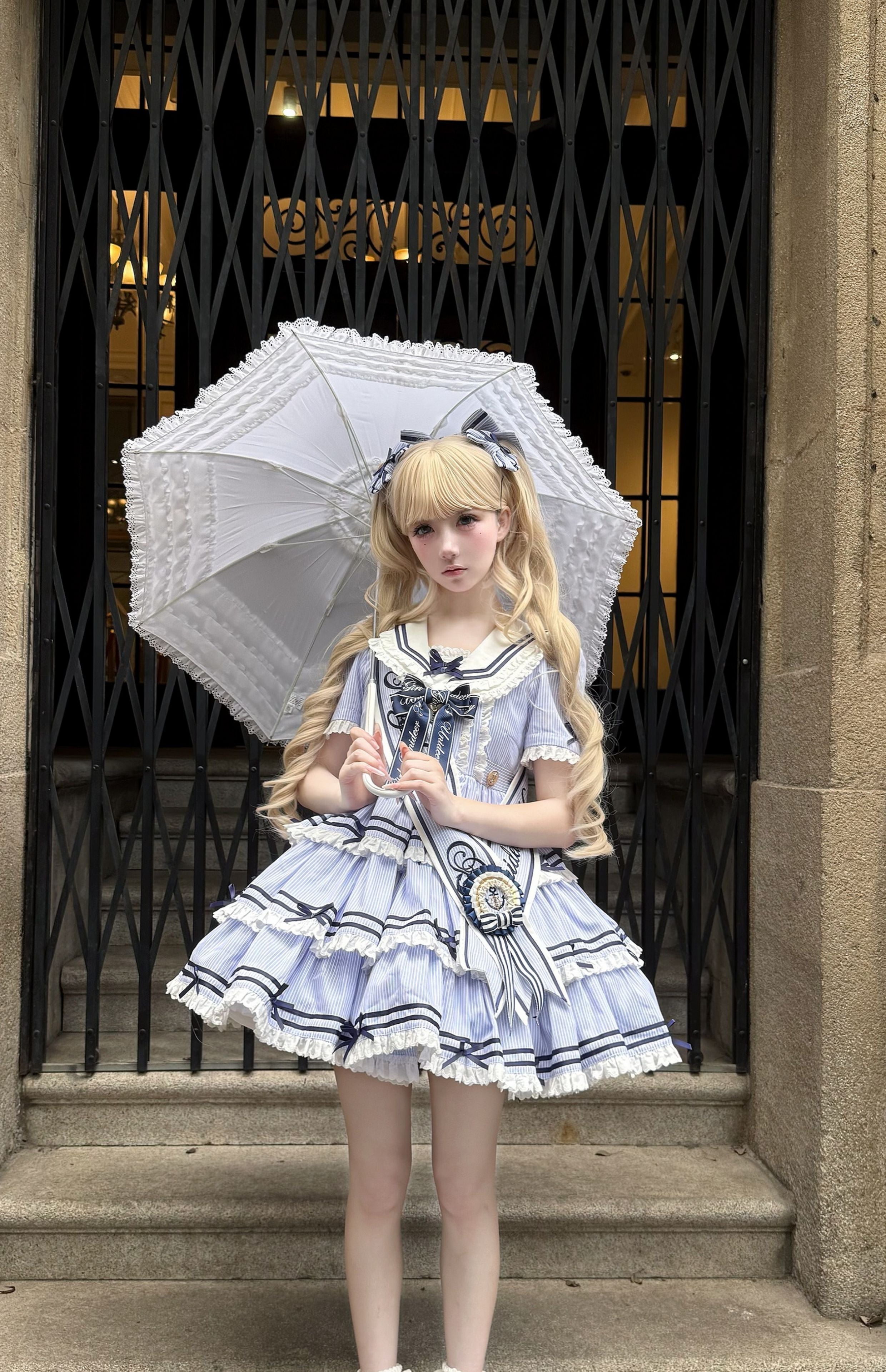 【受注予約4/28まで】セーラー襟と3段フリルの2wayマリンワンピース・ストライプ・ショート丈