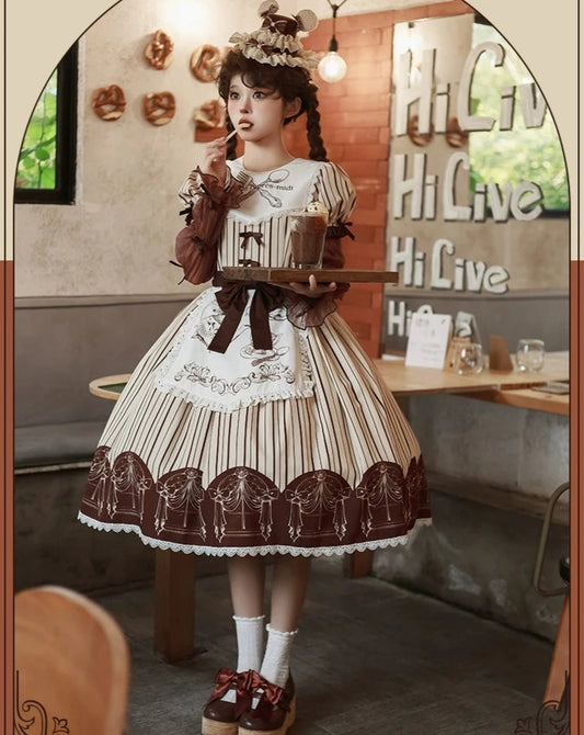 Afternoon tea striped short sleeve dress with arm sleeves and apron
