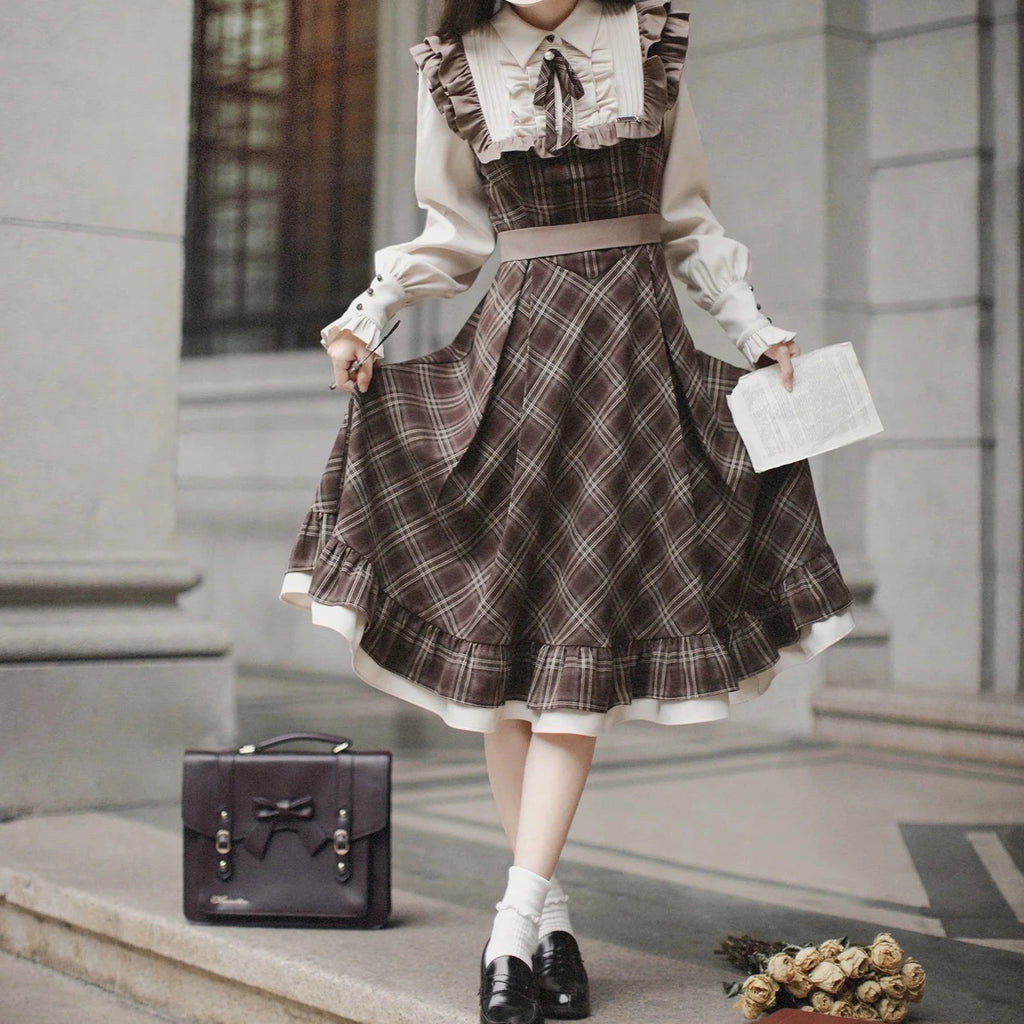 Tartan plaid pattern switching dress with ribbon tie
