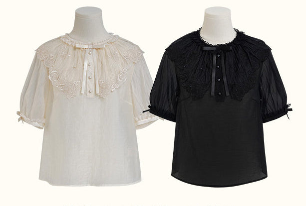 【受注予約11/19まで】Butterfly and Bone 刺繍襟の半袖ブラウス