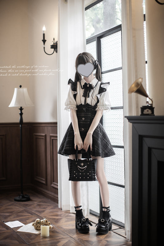 Monochrome Heart チェック柄ジャンパースカートセット・ショート丈