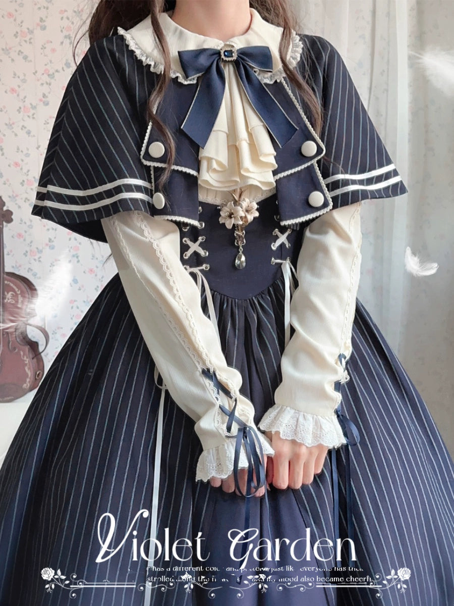 [Sale period ended] Violet Garden navy striped dress, cape, and hat set