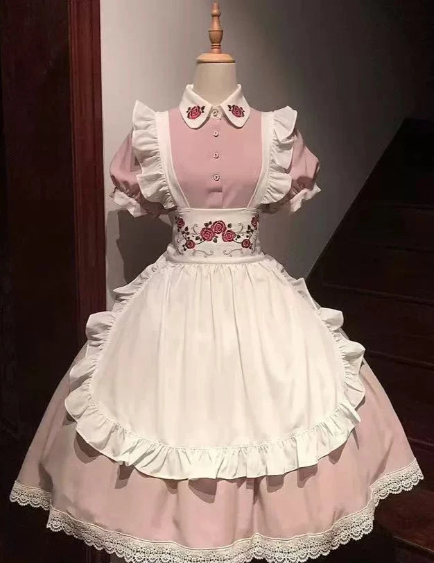 New color of maid-style dress with red rose embroidery and apron