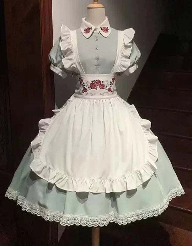 New color of maid-style dress with red rose embroidery and apron