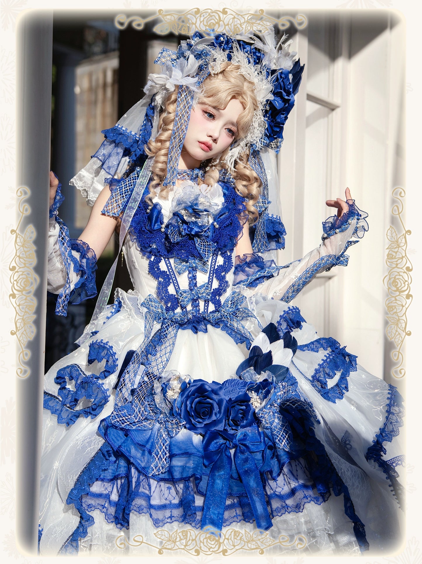 【受注予約8/13まで】Snow Rose Princess トレーン付きドレス・ブルー×ホワイト