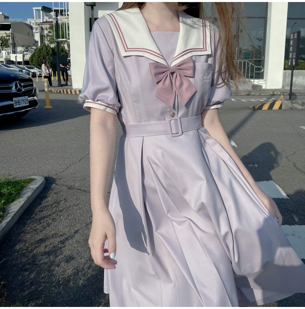 Misty Vine Wisteria Sailor Collar Short Sleeve Dress