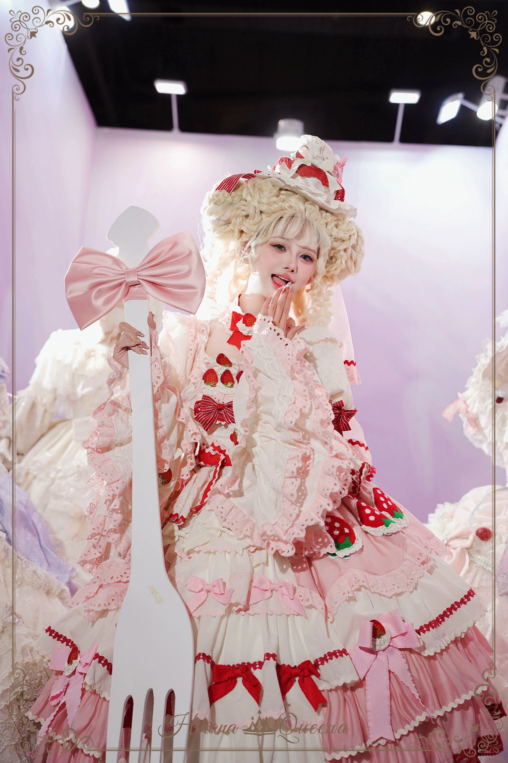 Strawberry Party リボンとフリルのデコレーションドレス・姫袖タイプ