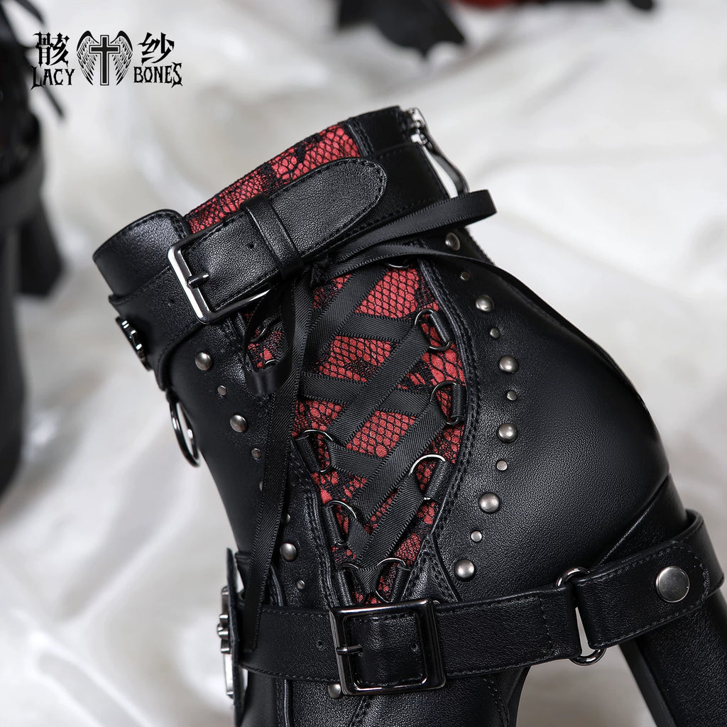 【暗黒の詩】漆黒ソール×赤紗レースのゴシックハイヒールショートブーツ
